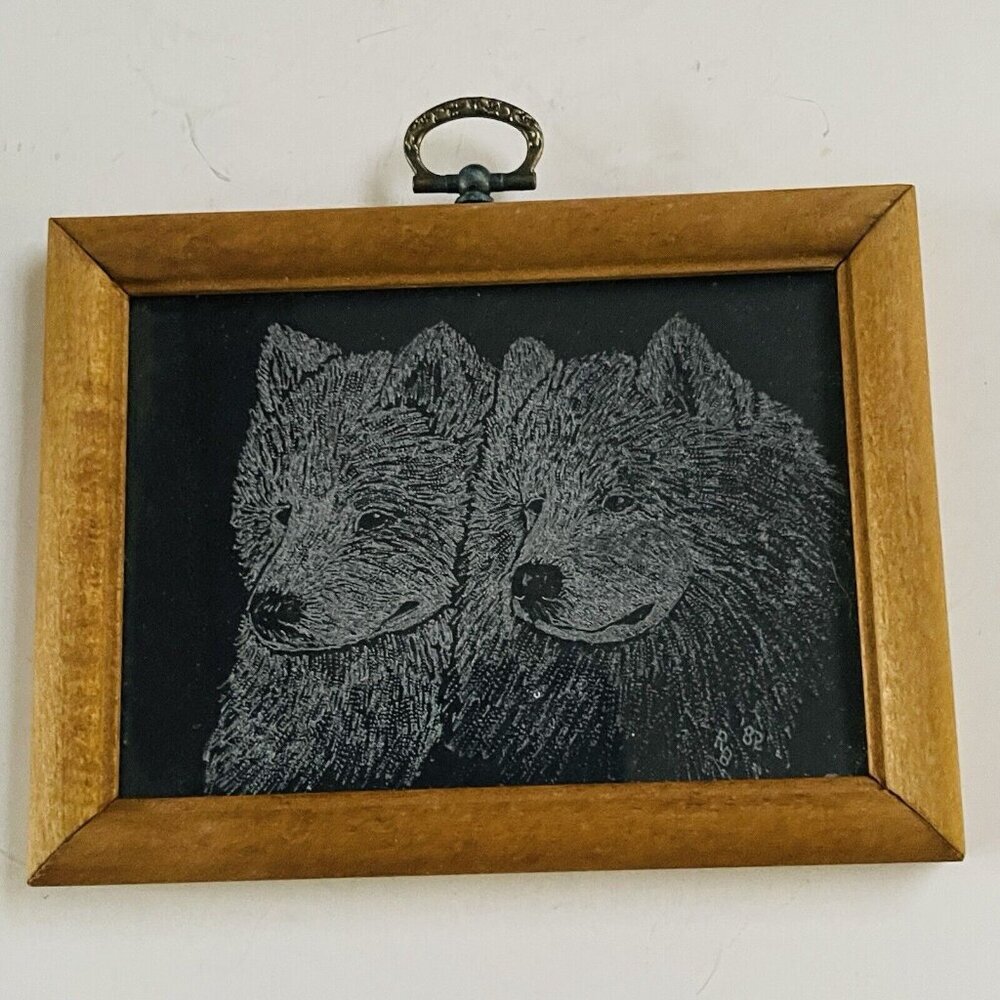Double Wolf Art Wood Frame Animal Signed RB 82 Vintage Wooden